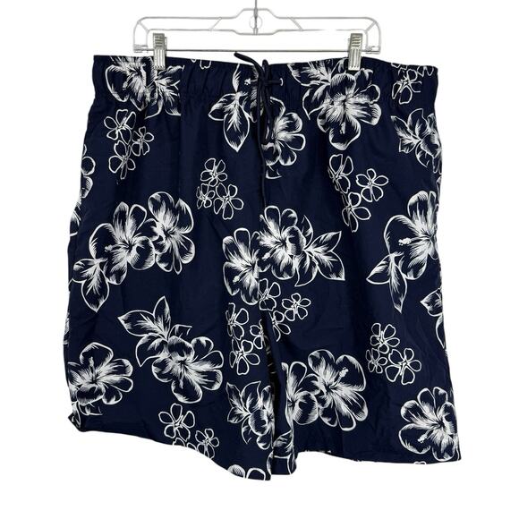 KingSize Big Tall Mens Hibiscus Print 8" Swim Trunks size 2X Navy Blue KS Island - Picture 1 of 7